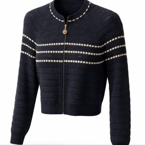 St. John Sport Black Crochet Knit Zipper Cardigan Sweater